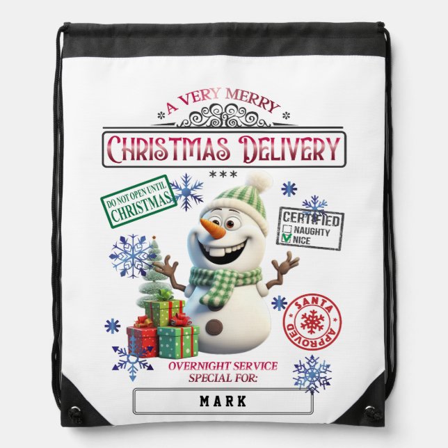 Cute Snowman Special Delivery Xmas Personalized Drawstring Bag (Front)