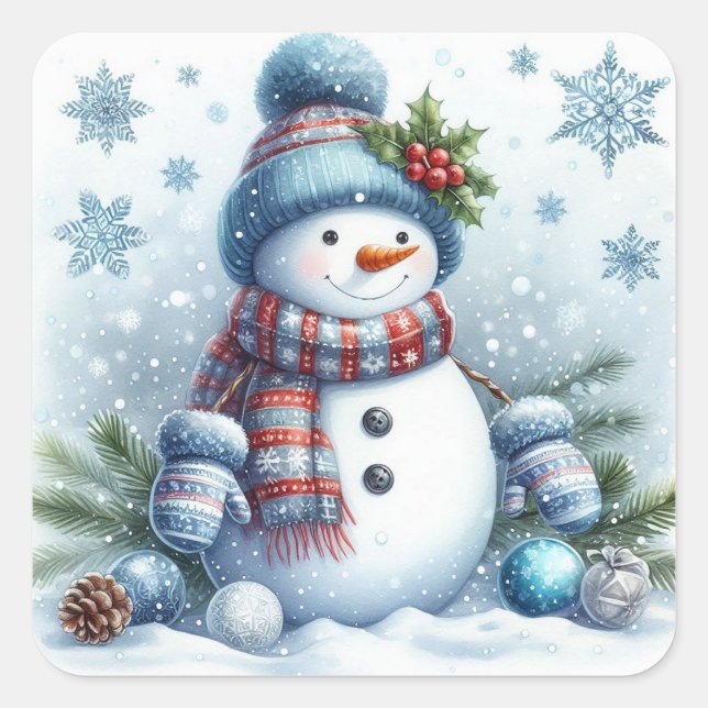 Cute snowman square sticker (Front)