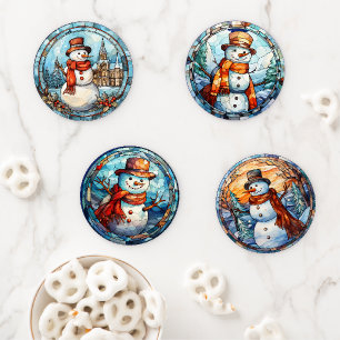 Cute Snowman Stained Glass Christmas Coaster Set