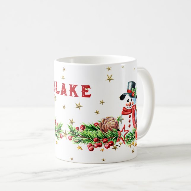 Cute Snowman Stars Custom Name Christmas Mug (Front Right)