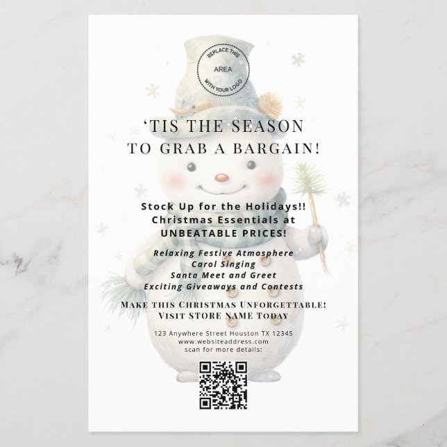 Cute Snowman Store Christmas Offers QR Code Flyer (Front)