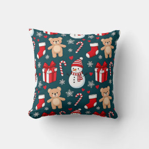 Cute Snowman & Teddy Christmas Throw Pillow