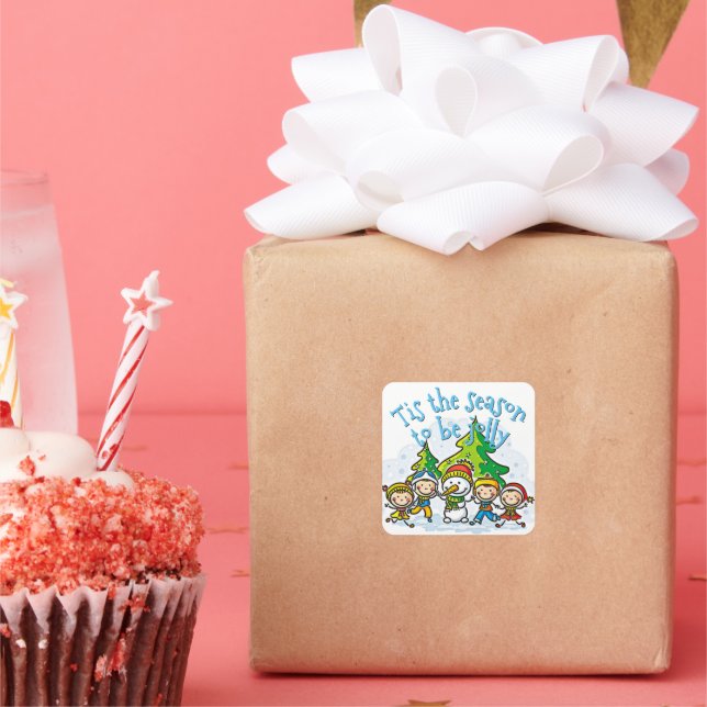Cute Snowman Tis The Season To Be Jolly Square Sticker (Party)