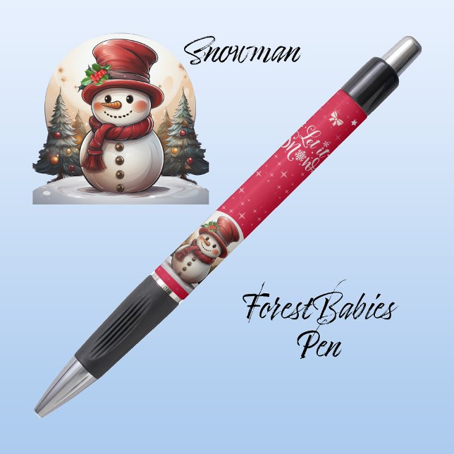 Cute Snowman Top Hat  Let it Snow Red Character ⛄️ Pen (Winter Holiday Season Snowman with Christmas Trees, Let it Snow, sparkle red ForestBabies Xmas pen⛄️)