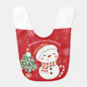 Cute Snowman Tree Candy Cane Red 1st Christmas Baby Bib