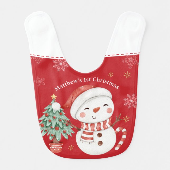 Cute Snowman Tree Candy Cane Red 1st Christmas Baby Bib (Front)