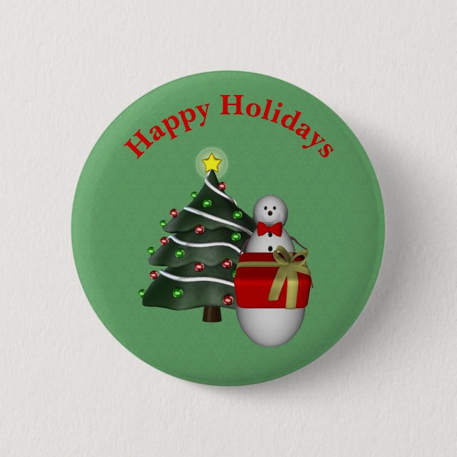 Cute Snowman Tree Gift Christmas Holiday  Button (Front)