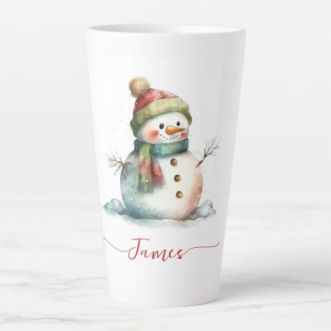 Cute Snowman Watercolor Personalized Christmas Latte Mug (Front)