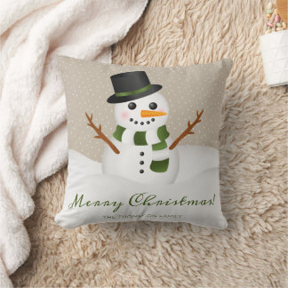 Cute Snowman Wearing A Hat &amp; Custom Name Christmas Throw Pillow