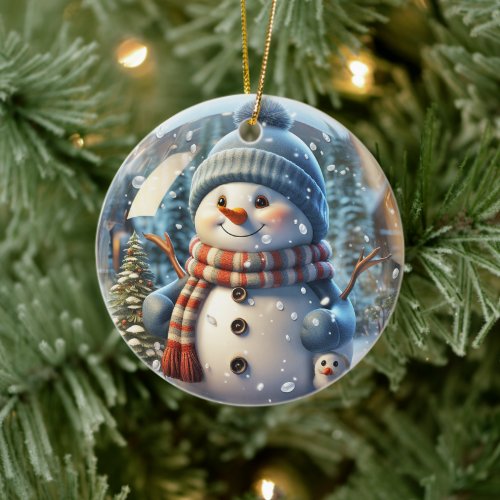 Cute Snowman Wearing Scarf and Hat Ceramic Ornament