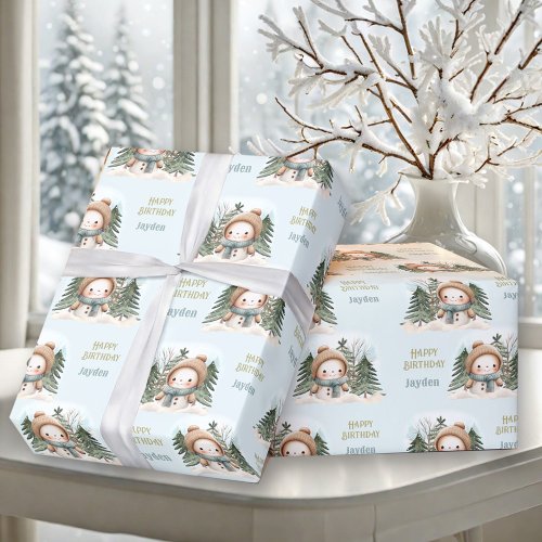 Cute Snowman Winter 1st Birthday Boy Name Blue  Wrapping Paper