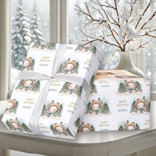 Cute Snowman Winter Birthday Boy Name Wrapping Paper