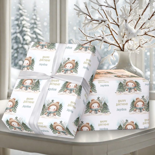 Cute Snowman Winter Birthday Boy Name Wrapping Paper (Cute Snowman Winter Birthday Boy Name Wrapping Paper)