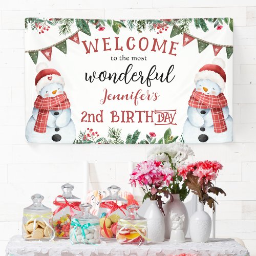 Cute Snowman Winter Christmas 2nd Birthday Party Banner