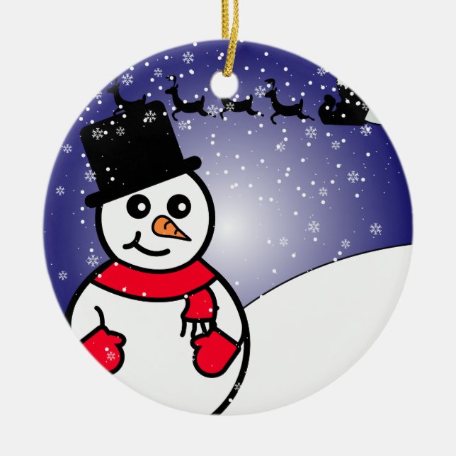 Cute Snowman Winter Holiday Christmas Ceramic Ornament (Front)