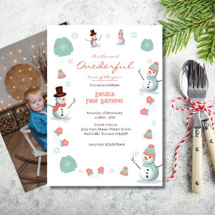Cute Snowman Winter Onederland Birthday Photo Invitation