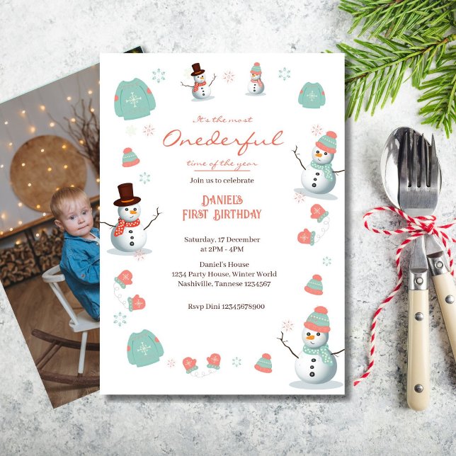 Cute Snowman Winter Onederland Birthday Photo Invitation (Creator Uploaded)