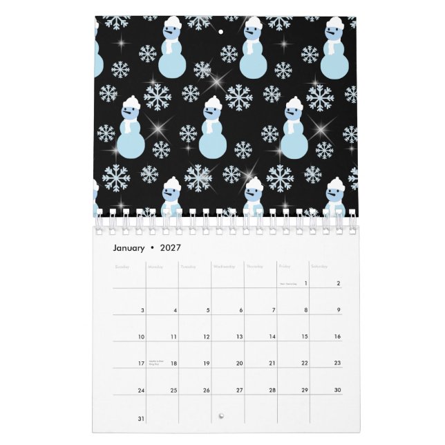 Cute Snowman Winter Snowflake Sparkles Snowing Calendar (Jan 2027)