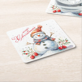 Cute Snowman Winter Watercolor Merry Christmas Square Paper Coaster