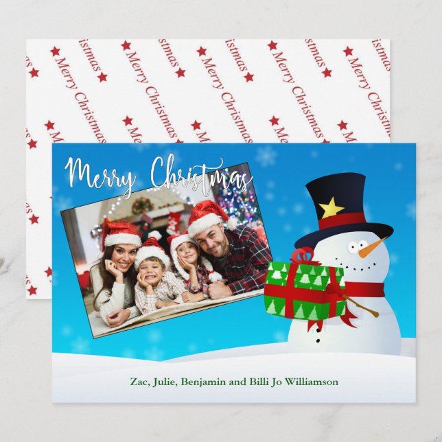 Cute Snowman With a Gift and Your Photo (Front/Back)