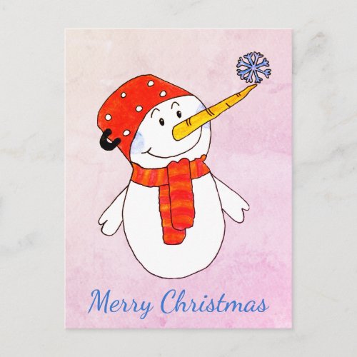 Cute Snowman with a Snowflake Pink Merry Christmas Holiday Postcard