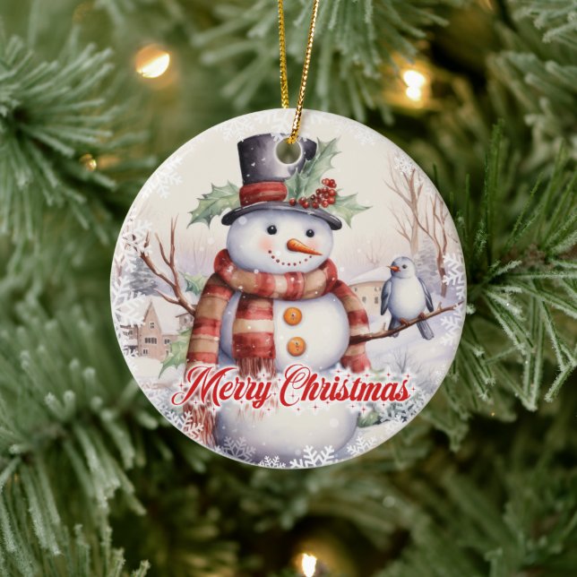 Cute snowman with bird in the snow ceramic ornament (Tree)