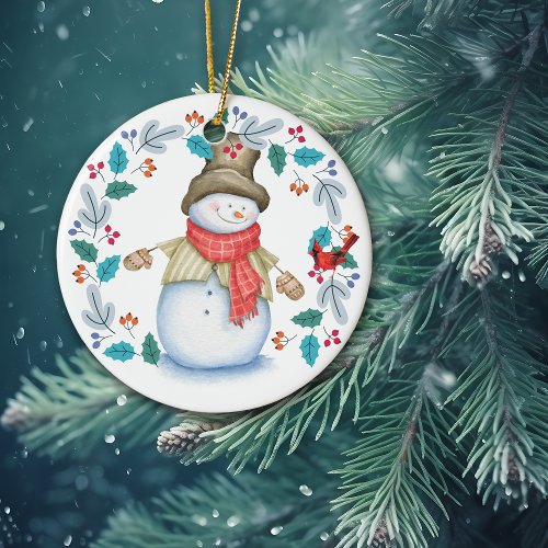 Cute Snowman with Bird Wreath Christmas Ceramic Ornament