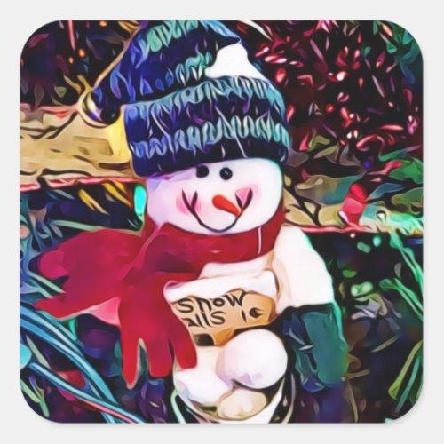 Cute Snowman with Bucket of Snowballs Christmas Square Sticker