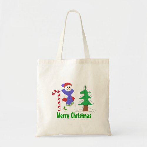 Cute Snowman with Candy Cane and Tree Tote Bag