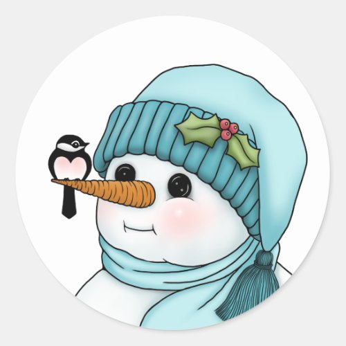 Cute Snowman with Chickadee on his Carrot Nose Classic Round Sticker