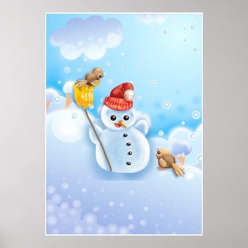 Cute Snowman with Christmas Robins Poster