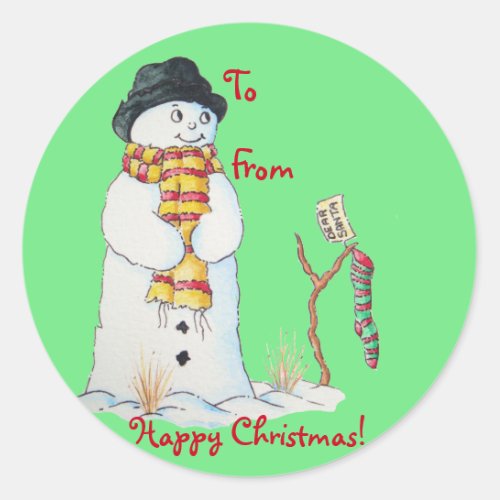 Cute snowman with Christmas stocking in the snow Classic Round Sticker