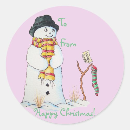 Cute snowman with Christmas stocking in the snow Classic Round Sticker