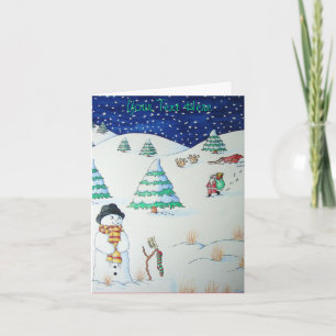 Cute snowman with Christmas stocking in the snow Holiday Card