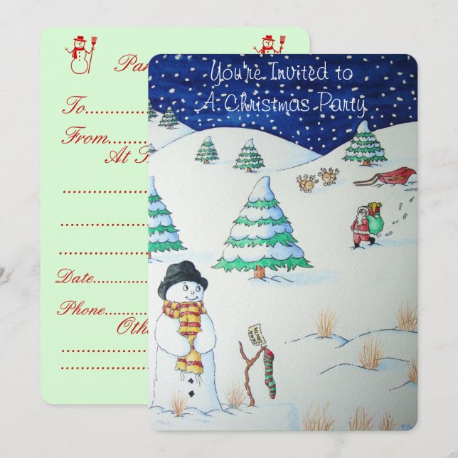 Cute snowman with Christmas stocking in the snow Invitation (Front/Back)