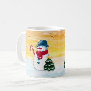 Cute Snowman with Christmas Tree Stars Kids Coffee Mug