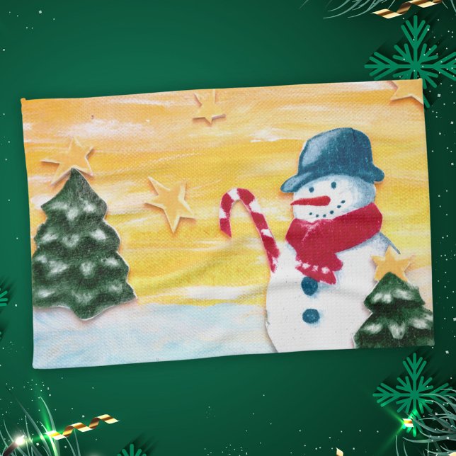 Cute Snowman with Christmas Tree Stars Kids Kitchen Towel (Creator Uploaded)