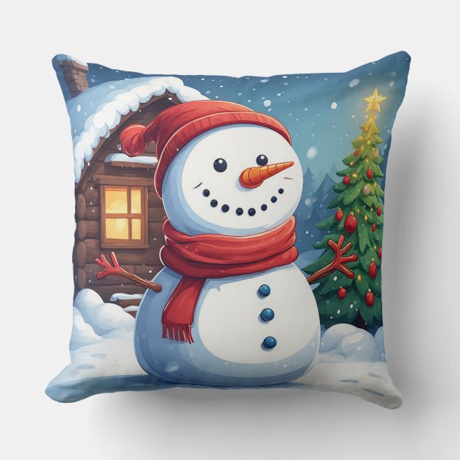 Cute snowman with Christmas tree Throw Pillow (Front)