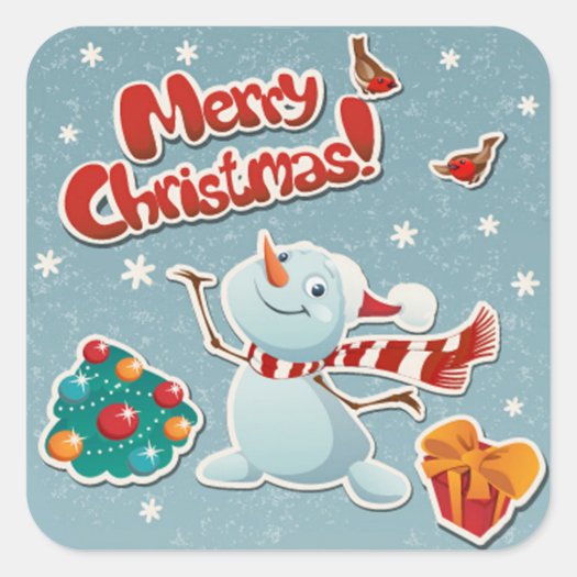 Cute Snowman with Gifts, Christmas Tree & Birds