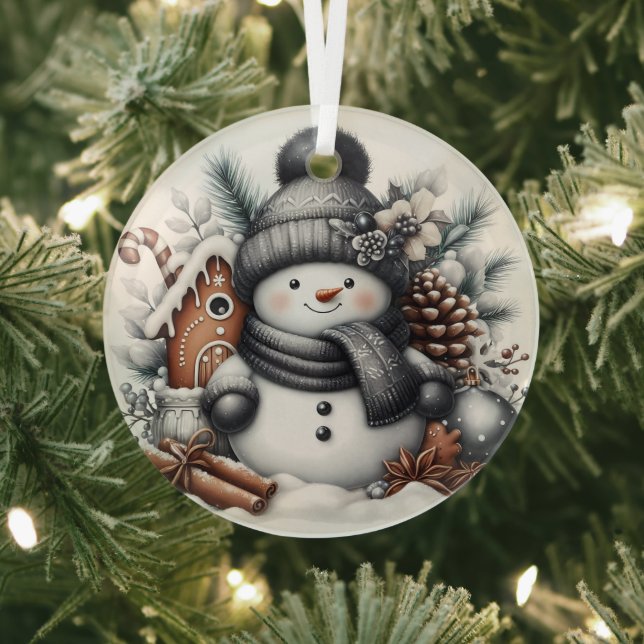 Cute snowman with gingerbread house glass ornament (Insitu)