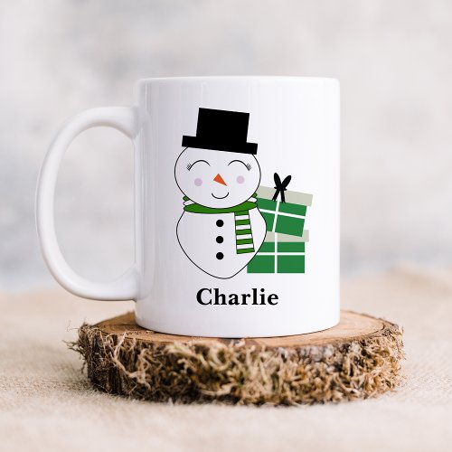 Cute Snowman with Green Christmas Presents Coffee Mug