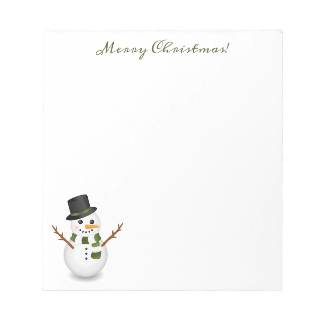 Cute Snowman With Green Merry Christmas Text Notepad (Front)