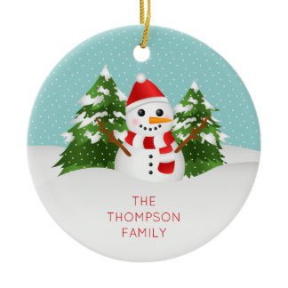 Cute Snowman With Personalizable Name Christmas Ceramic Ornament