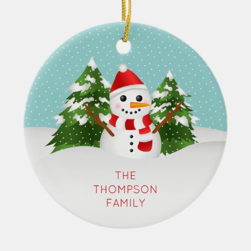 Cute Snowman With Personalizable Name Christmas Ceramic Ornament