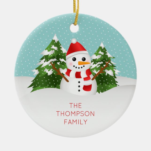 Cute Snowman With Personalizable Name Christmas Ceramic Ornament (Front)