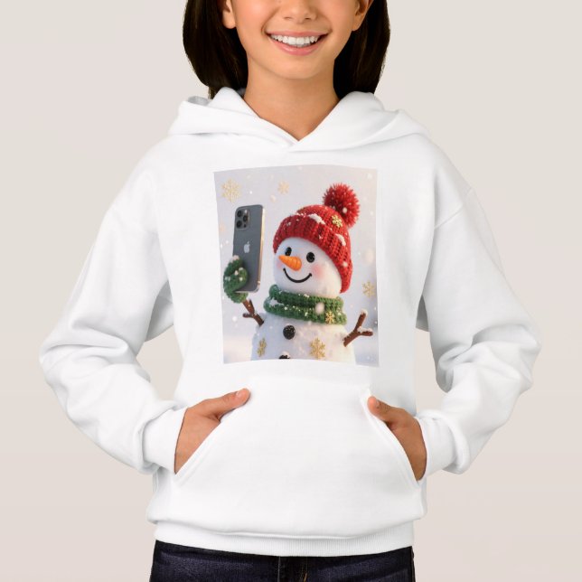 Cute Snowman With Phone Kids Hoodie (Front)