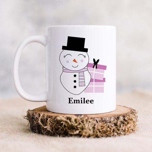 Cute Snowman with Pink Christmas Presents Coffee Mug