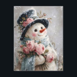 Cute Snowman with Pink Roses Postcard<br><div class="desc">Celebrate the softer side of winter with this romantic snowman design. Dressed in a navy top hat adorned with pink roses and greenery, and holding a matching bouquet, this charming figure adds a whimsical, floral twist to classic holiday decor. Ideal for seasonal prints, greeting cards, or anyone who loves a...</div>
