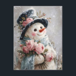 Cute Snowman with Pink Roses Postcard<br><div class="desc">Celebrate the softer side of winter with this romantic snowman design. Dressed in a navy top hat adorned with pink roses and greenery, and holding a matching bouquet, this charming figure adds a whimsical, floral twist to classic holiday decor. Ideal for seasonal prints, greeting cards, or anyone who loves a...</div>