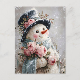 Cute Snowman with Pink Roses Postcard